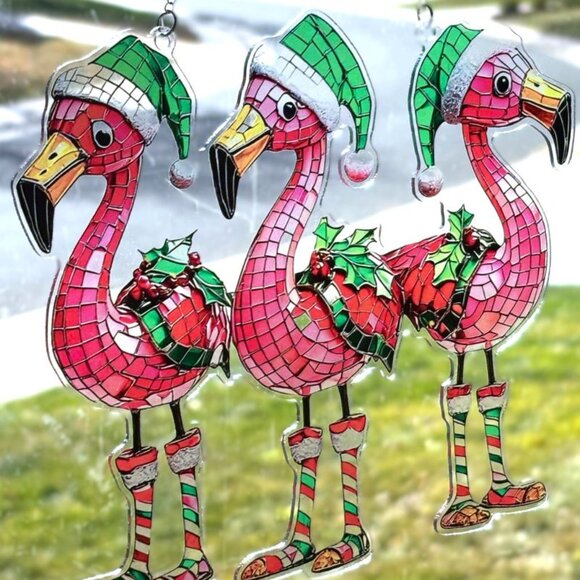 Tropical Trio of Santa Christmas Flamingoes Acrylic Window Hanging Sun Catcher - Picture 2 of 3